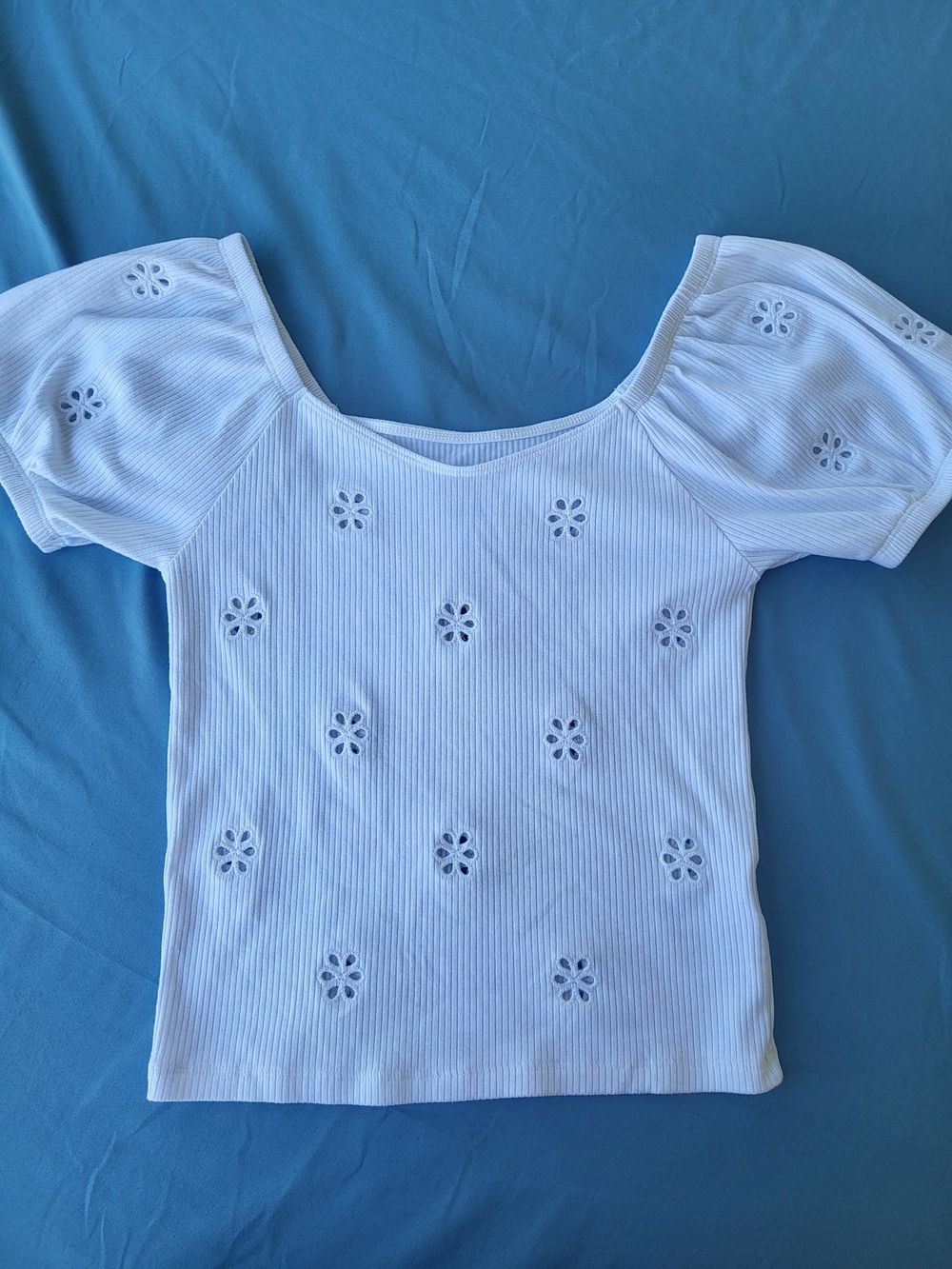 American Eagle Outfitters White Ribbed Puff Sleeve Eyelet Floral Top
